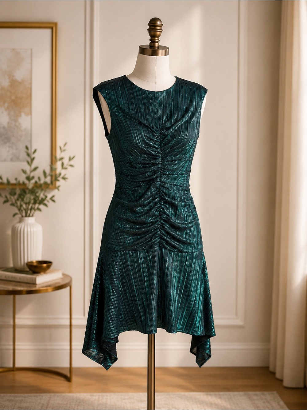 DKNY Green Metallic Ruched Dress Size 16 NWT Asymmetrical Hem Cocktail Party
